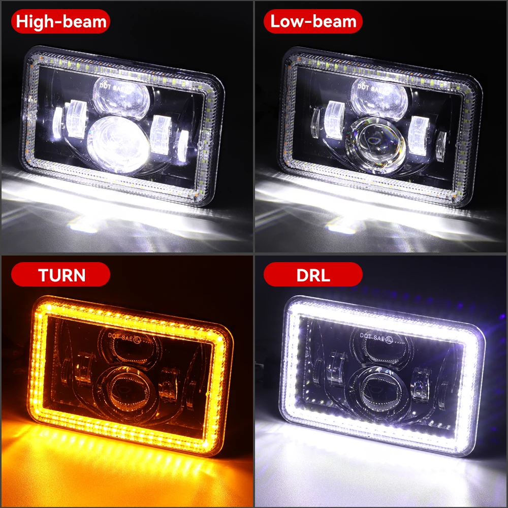 4X6 Auto Led Headlight Turn Signal Light DRL Waterproof 60W 6000K Headlamp Hi/lo Beam for Truck Offroad 4WD Tractor ATV UTE