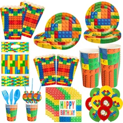 New Building Blocks Birthday Party Decoration Tableware Balloons Plate Cup Napkins Backdrop Set Kid Birthday Theme Deco Supplies