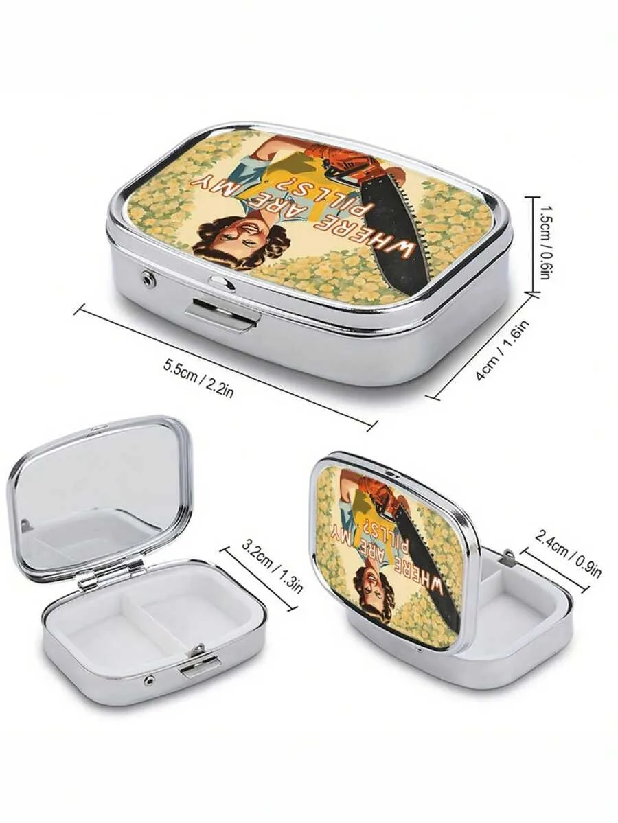 1pc Vintage Metal Pill Box, Where Are My Pills Design, Portable Dual Compartment Medicine Organizer, Material, Perfect For Pocket, Purse, And Travel, Unique Gift Choice.