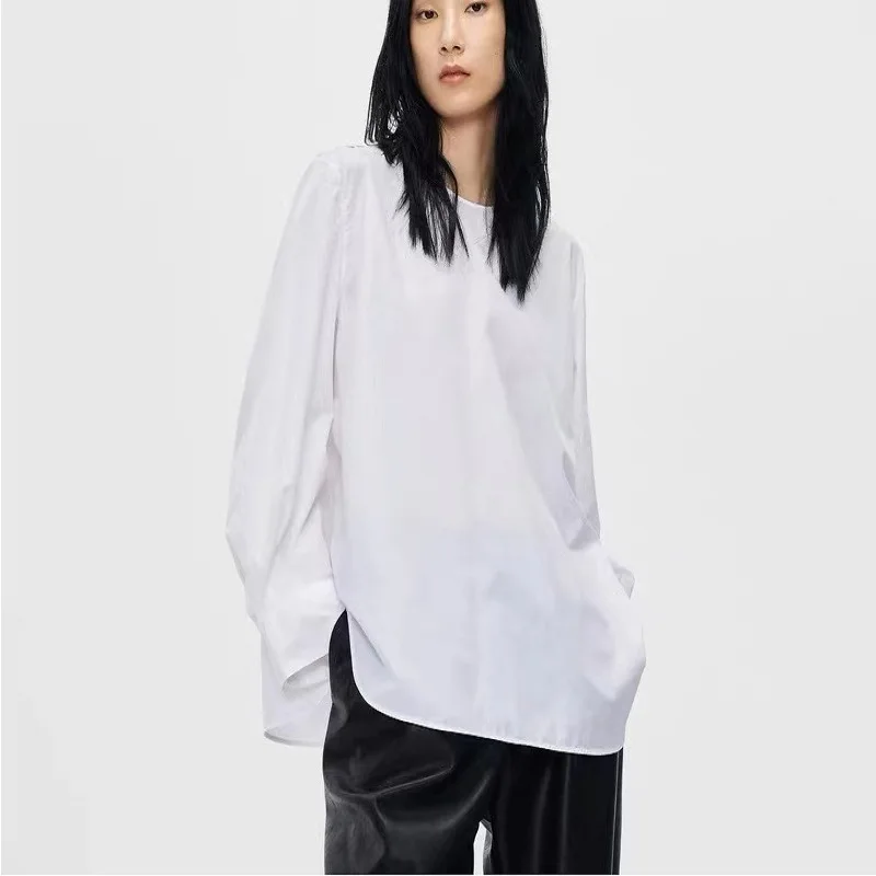 

White Formal Long Sleeve Shirt Women'S Round Neck Sweatshirt Pullover Loose Comfortable Cotton Top for work wear