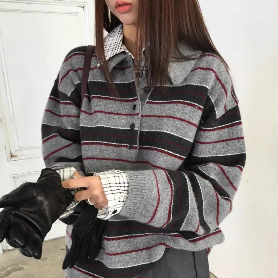 Loose Long Sleeve Knitted Sweater Casual Style Women's Fashion Korean Collar Stripe Pattern Warm Top for Autumn Winter
