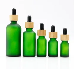 Gotero de vidrio esmerilado verde mate, botellas de tapa de bambú, pipeta de suero, gotero rellenable, aceites esenciales, líquido reactivo, 5-100ml