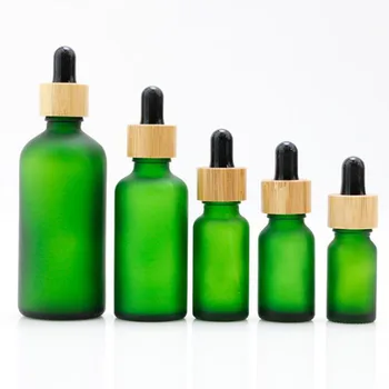 5X 5-100ml Frosted Green Matte Glass Dropper Bottle Bamboo Cap Pipette Serum Dropper Refillable Essential Oils Reagent Liquid Bottle