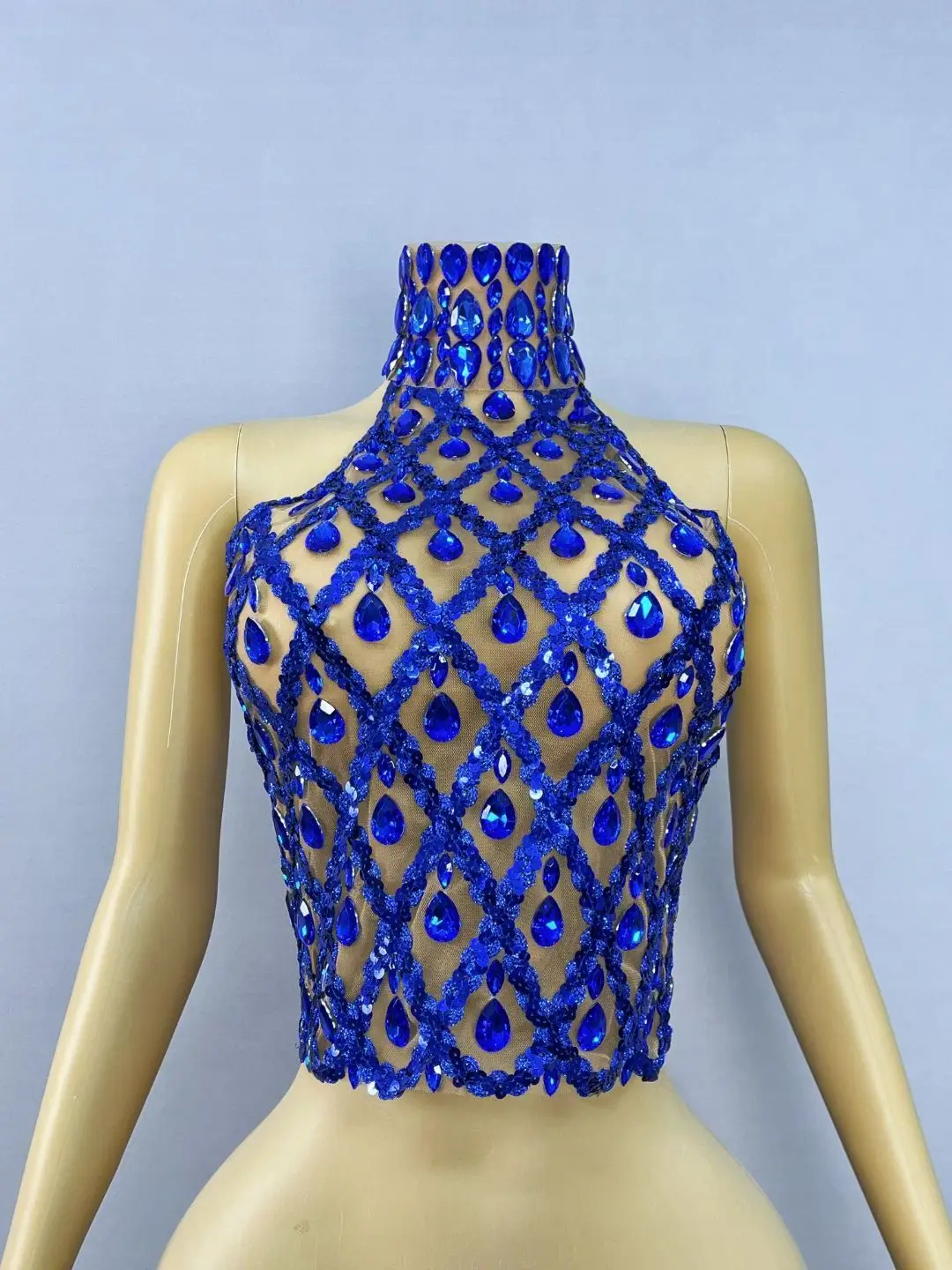 Shaokaojia-corsé ajustado con diamantes de imitación, color azul brillante, Sexy, sin espalda, transparente, Top corto de malla, traje de actuación de bailarina de Bar