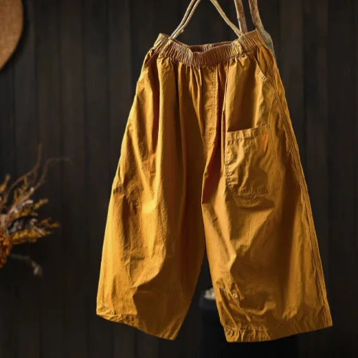 

Women Summer Vintage Mori Girl Solid Color Wide Leg Pants Pocket Front Elastic Waist Casual Loose Calf-Length Straight Pants