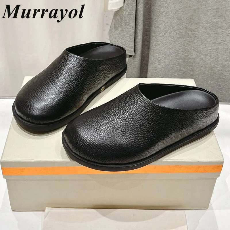 

Genuine Leather Solid Color Lazy Mules Women's Flat Heel Thick Soled Slippers Spring Summer Vacation Beach Shoes Slippers