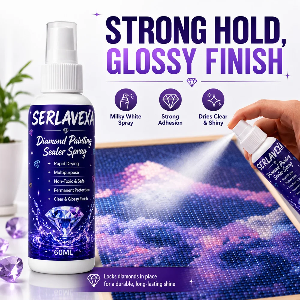 SERLAVEXA Diamond Painting Sealer Spray 60ml Glossy Finish Art Craft Protector for Bead Canvas Kits Strong Hold Clear Shine