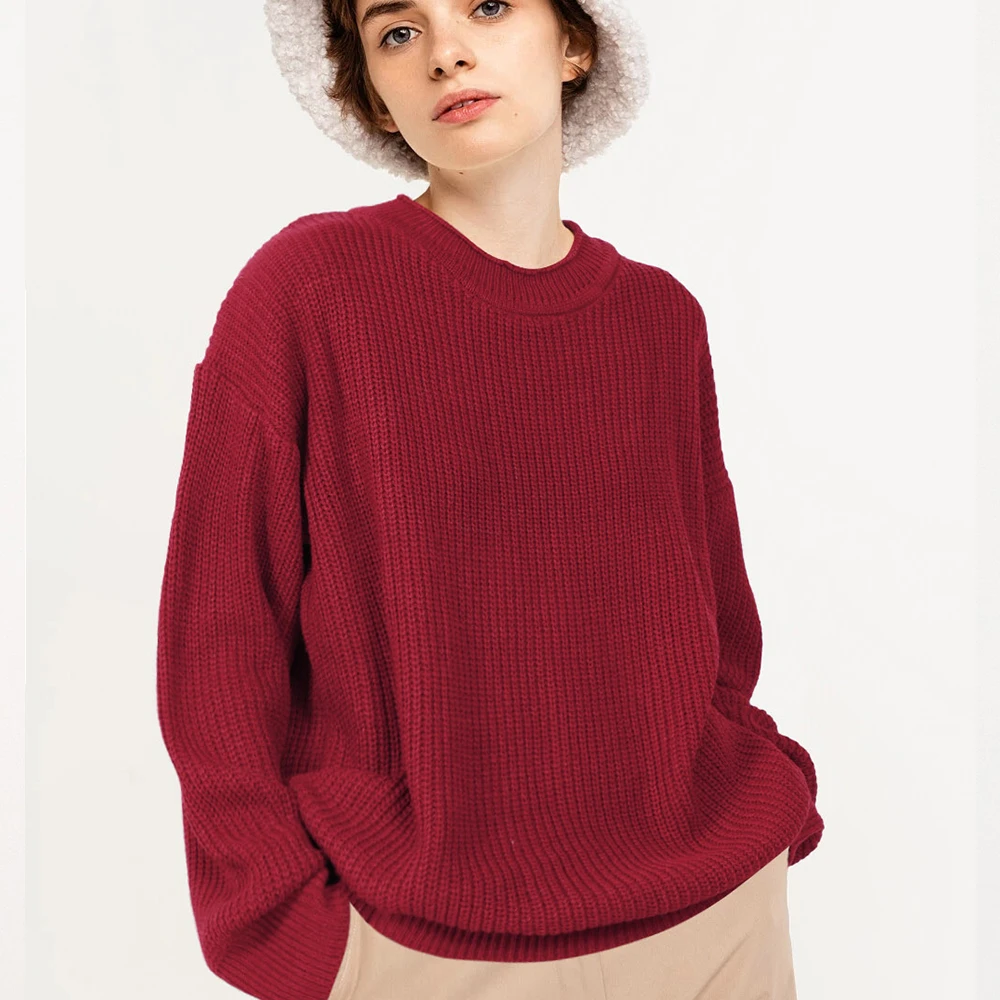 LEPLUSS women\'s new round neck winter thick sweater burgundy casual loose pullover fashion sweater