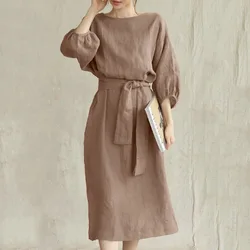 Women's Dress Summer New Round Neck Short Sleeve Cotton Pleated Elegant Dress Fashion Lace Up Solid Vintage Long Dresses Vestido