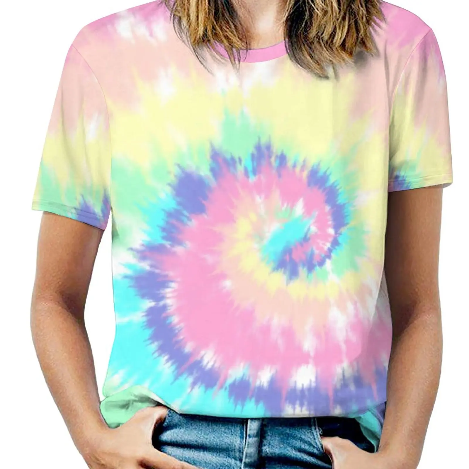 Tie Dye Print T Shirt Pastel Rainbow Harajuku Oversized T-Shirts Short Sleeves Casual Tshirt Women Summer Print Clothes