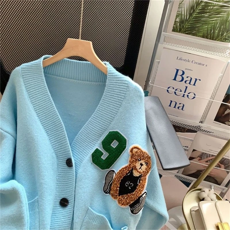 Button Down V-neck Cardigan Womens Casual Knitted Sweater Outwear Cartoon Coat Dropship