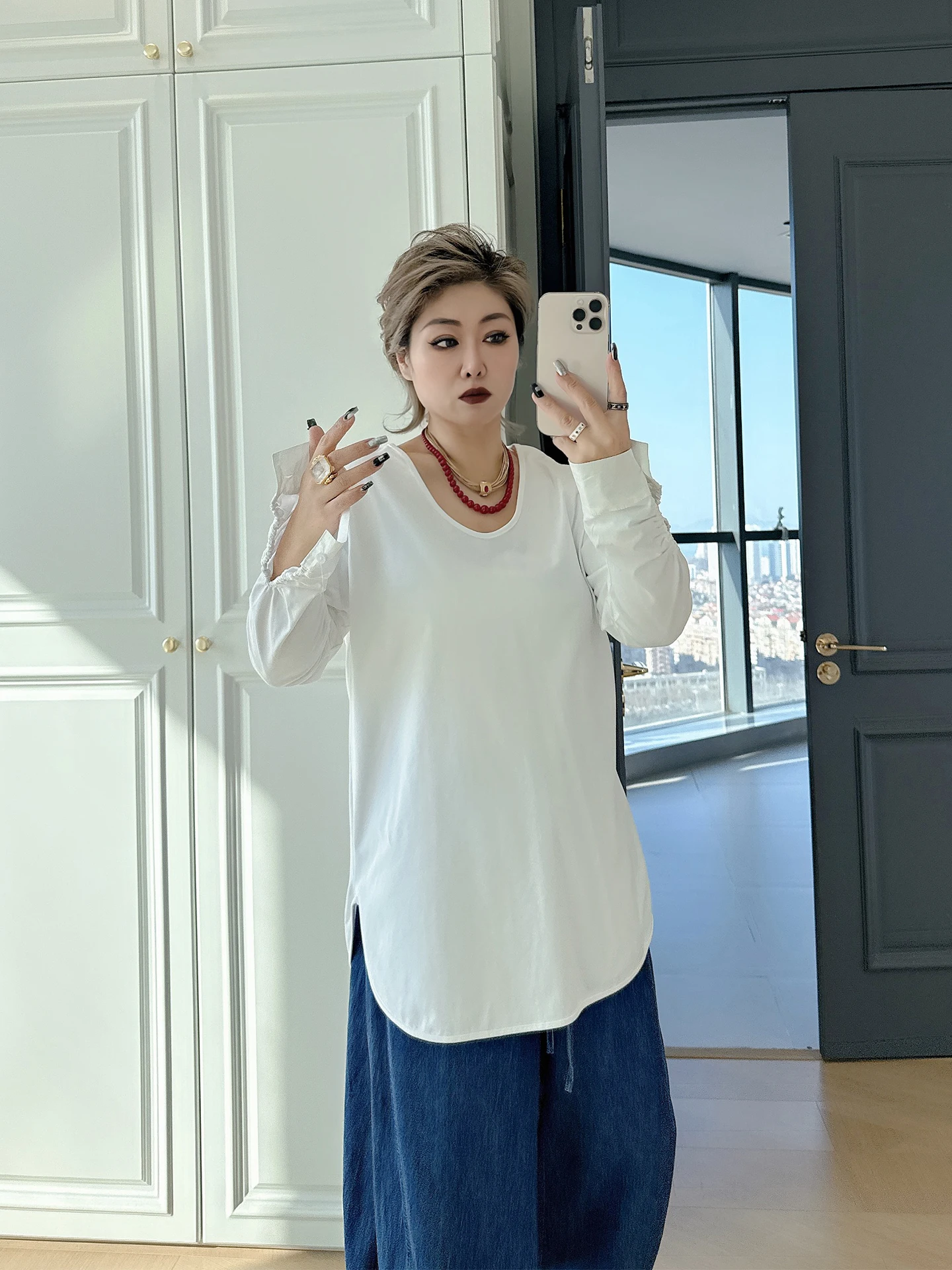 

Loose Casual Long Sve Base irt plus Size Women's Clothing Versatile Comfortable Big Size T-irt for Heavy MM