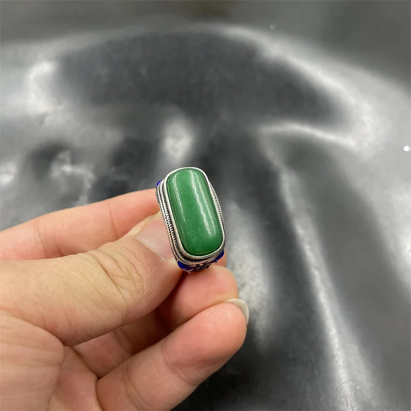 Retro Tibetan Silver Inlaid Full Green Malay Men'S Jade Ring