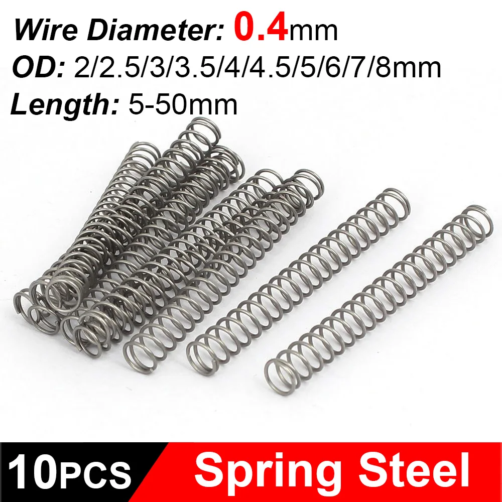 10Pcs Compression Springs Wire Diameter 0.4mm OD 2/2.5/3/3.5/4/4.5/5/6/7/8mm Length 5-50mm Spring Steel Micro Small Springs