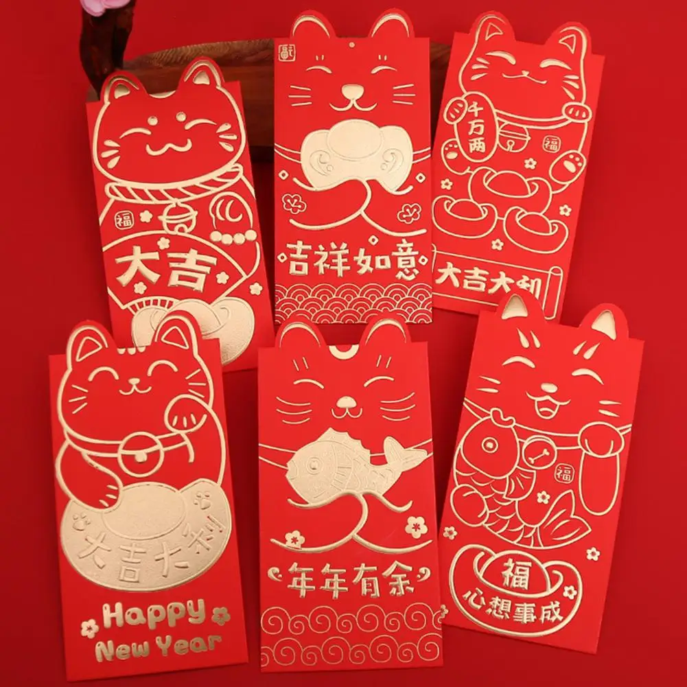 Sobres Rojos chinos de 18 piezas, paquetes de dinero de la suerte con estampado en caliente de gato, Hong Bao para Año Nuevo, Festival de Primavera, cumpleaños y boda