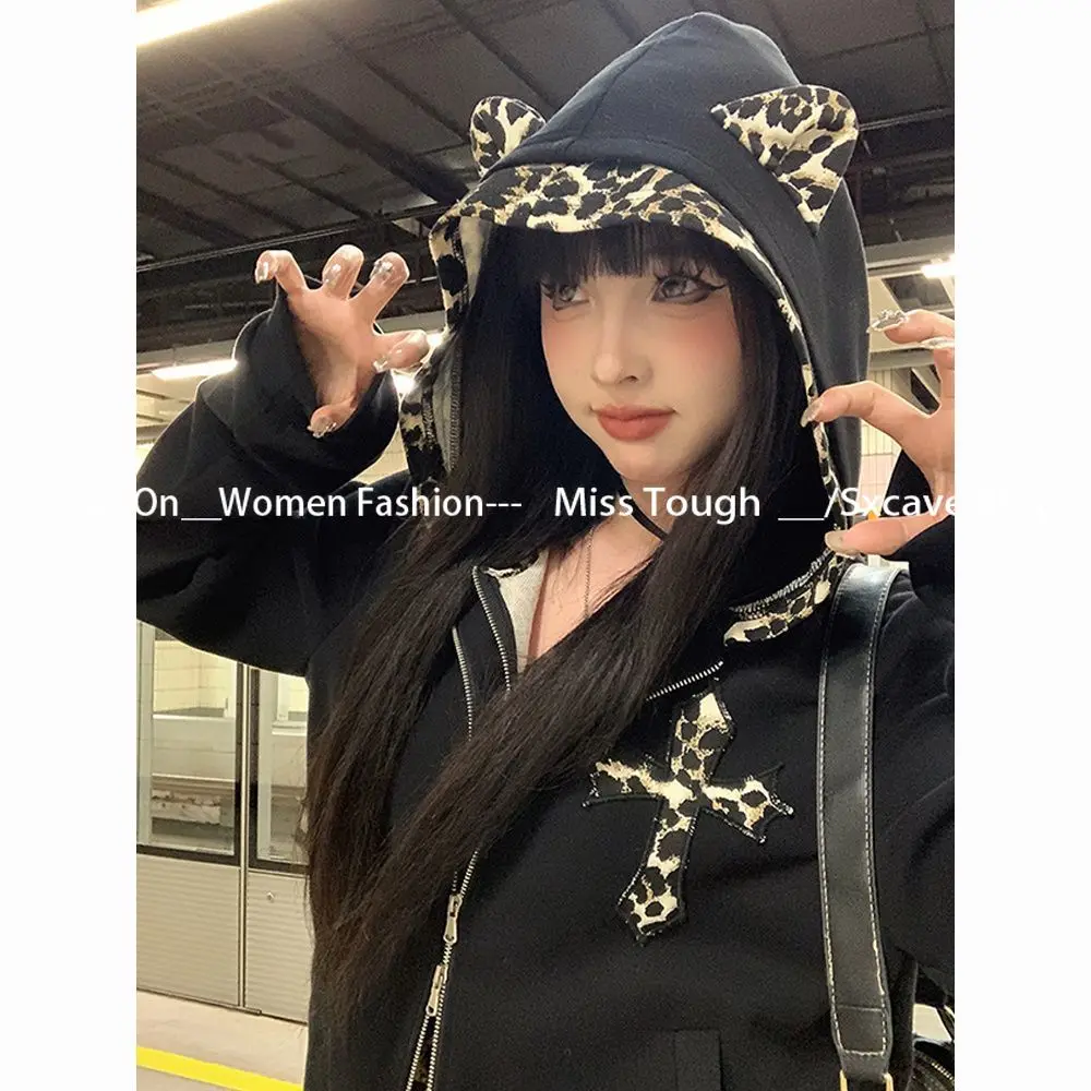 2000s American Vintage 2 Piece Skirt Sets Women Casual Y2k Leopard Jacket Coats with Hooded + Mini Skirts Black Gothic Harajuku