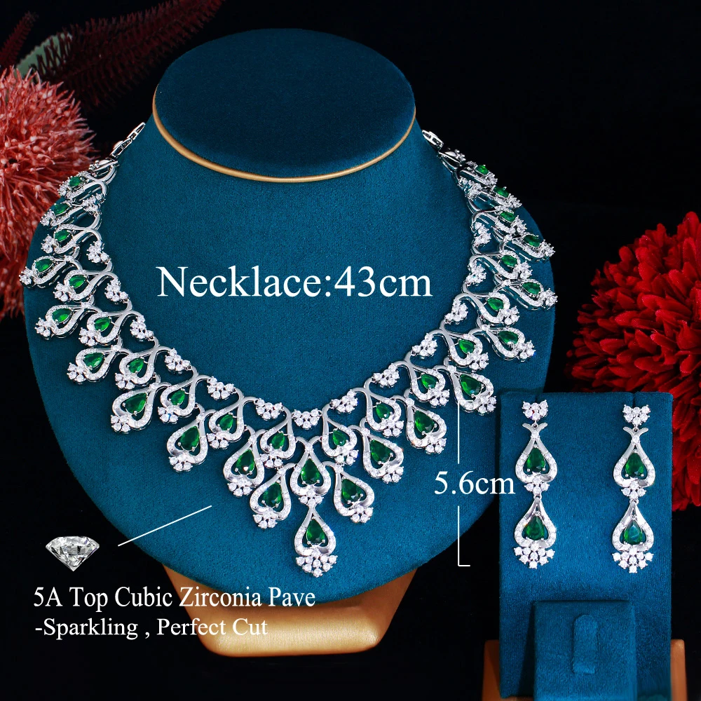 Pera Gorgeous Green Cubic Zirconia Bridal Jewelry Sets Long Pendant Necklace Earrings for Women Wedding Dress Accessories J509