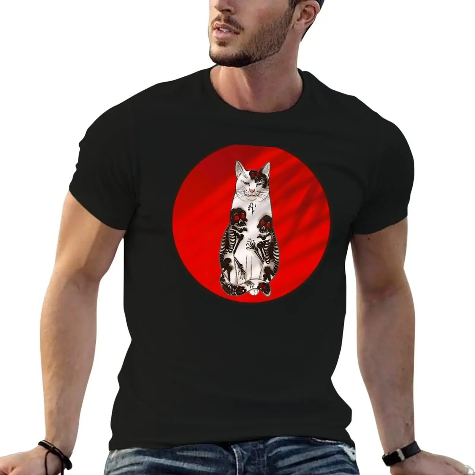 Tattooed Cat Tattoo Print - digitally enhanced remix on red background with palm leaf shadow T-Shirt cute tops mens t shirts