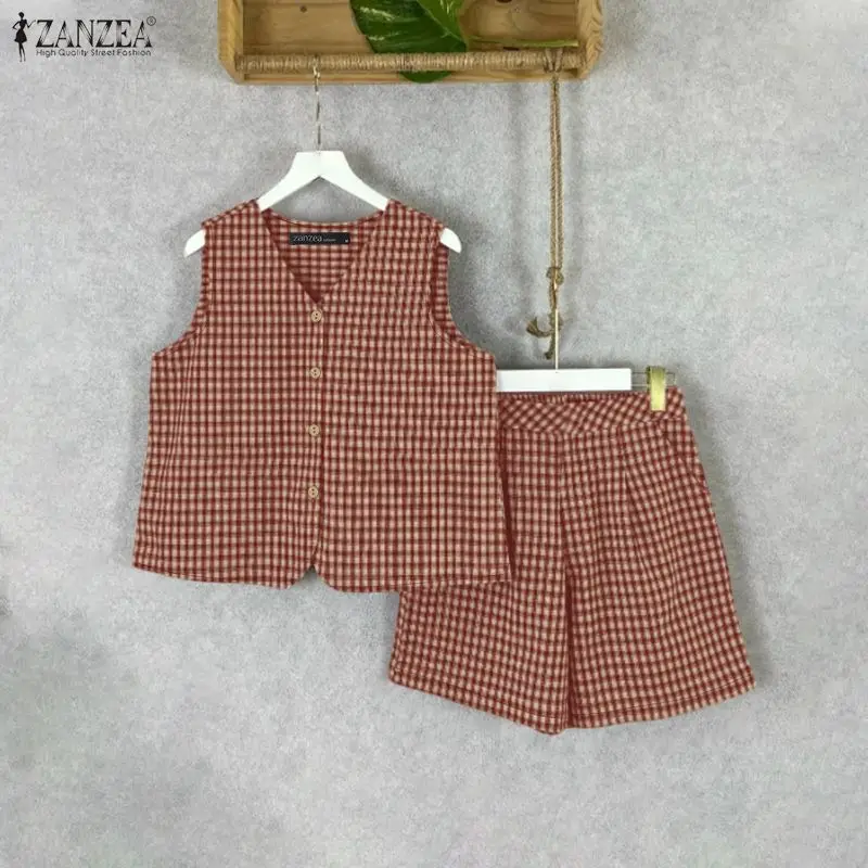 ZANZEA-Conjuntos cortos de verano para mujer, Tops sin mangas con cuello en V y pantalones cortos con cintura elástica, conjuntos de 2 piezas, trajes informales para uso diario, 3XL