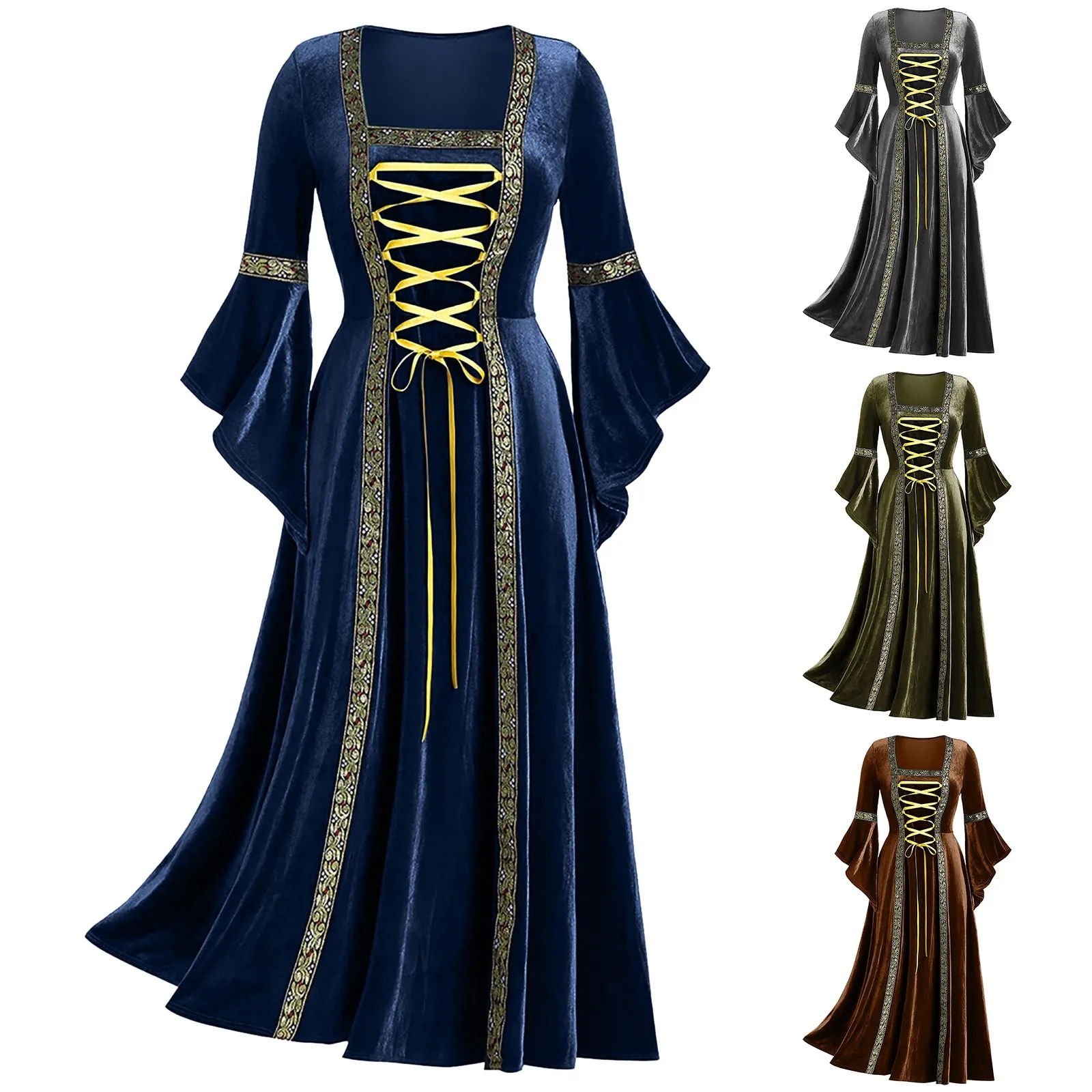 

Medieval Costume For Womens Trumpet Sleeve Irish Shirt Dress Women Hooded Sweatshirt Dress Long Sleeve Bandage Medieval Vintage