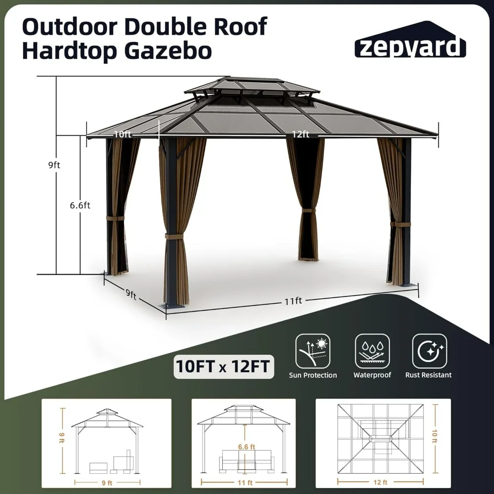 Hardtop Gazebo 10x12 FT Polycarbonate Double Roof with Netting and Curtains, Metal Aluminum Outdoor Gazebo for Backyard, Patio