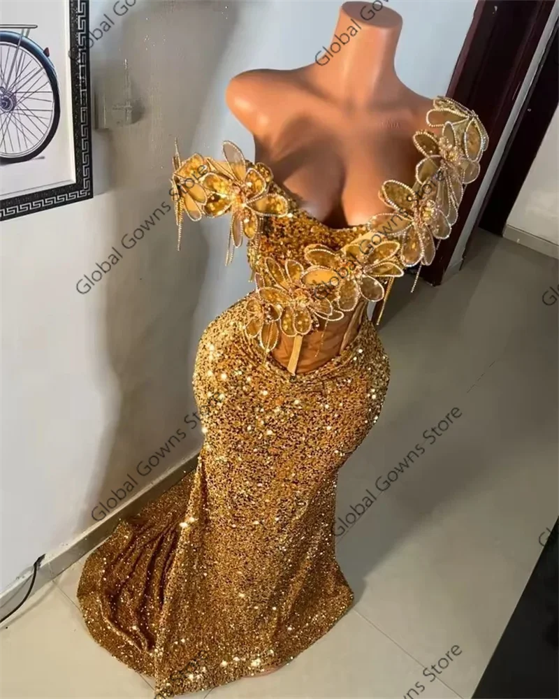 Vestidos de fiesta Aso Ebi dorados brillantes para niñas negras, apliques de cristales con hombros descubiertos, vestidos formales para fiesta de graduación con lentejuelas personalizadas