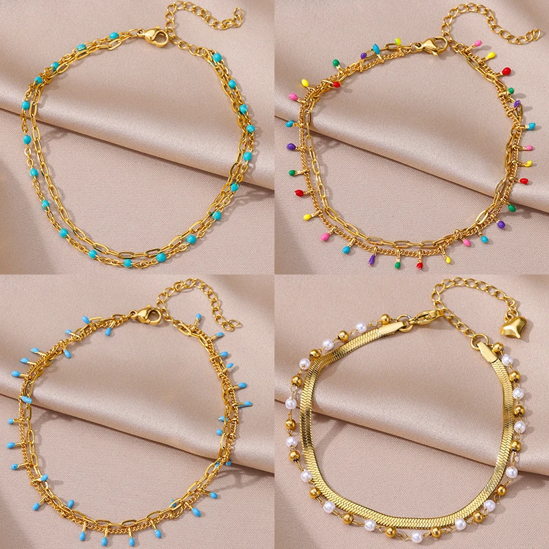 

Blue Beads Anklets for Women Vintage Stainless Steel Gold Color Anklet 2024 New in Design Summer Beach Jewelry Accessories Gift