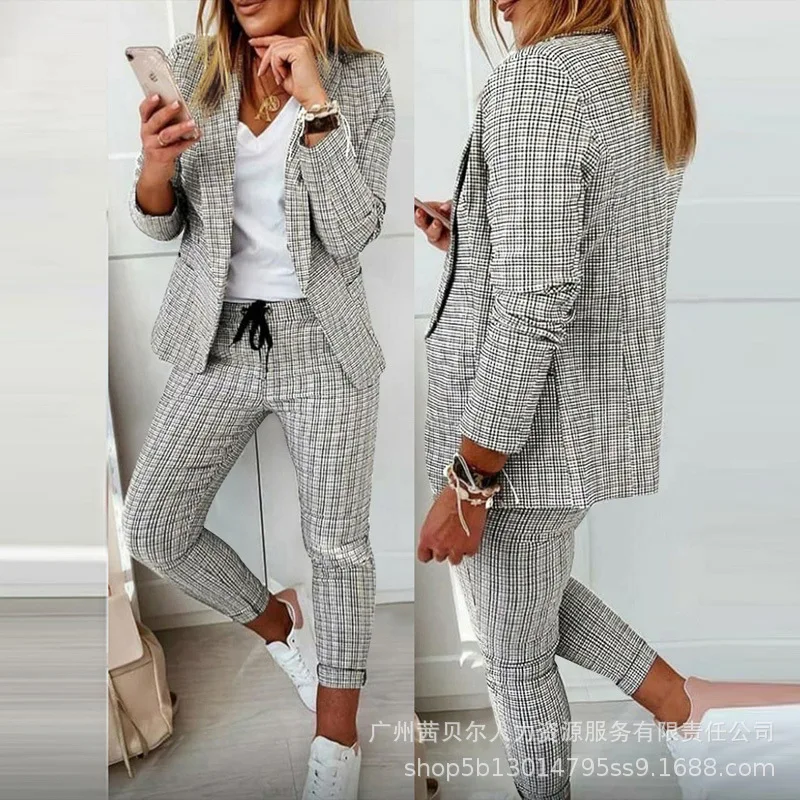 Women's Temperament Suits 2024 Spring Summer Latest Solid Light Gray Plaid Slim Fit Flip Collar Top Coat Long Pants Small Suit