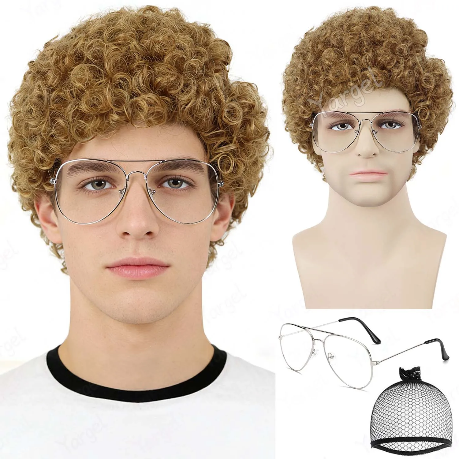 Synthetic Short Curly Wig+Glasses Brown Afro Nerd Hair for Adults Funny 80s Halloween Outfit Retro Cosplay,Napoleon Dynamite Wig