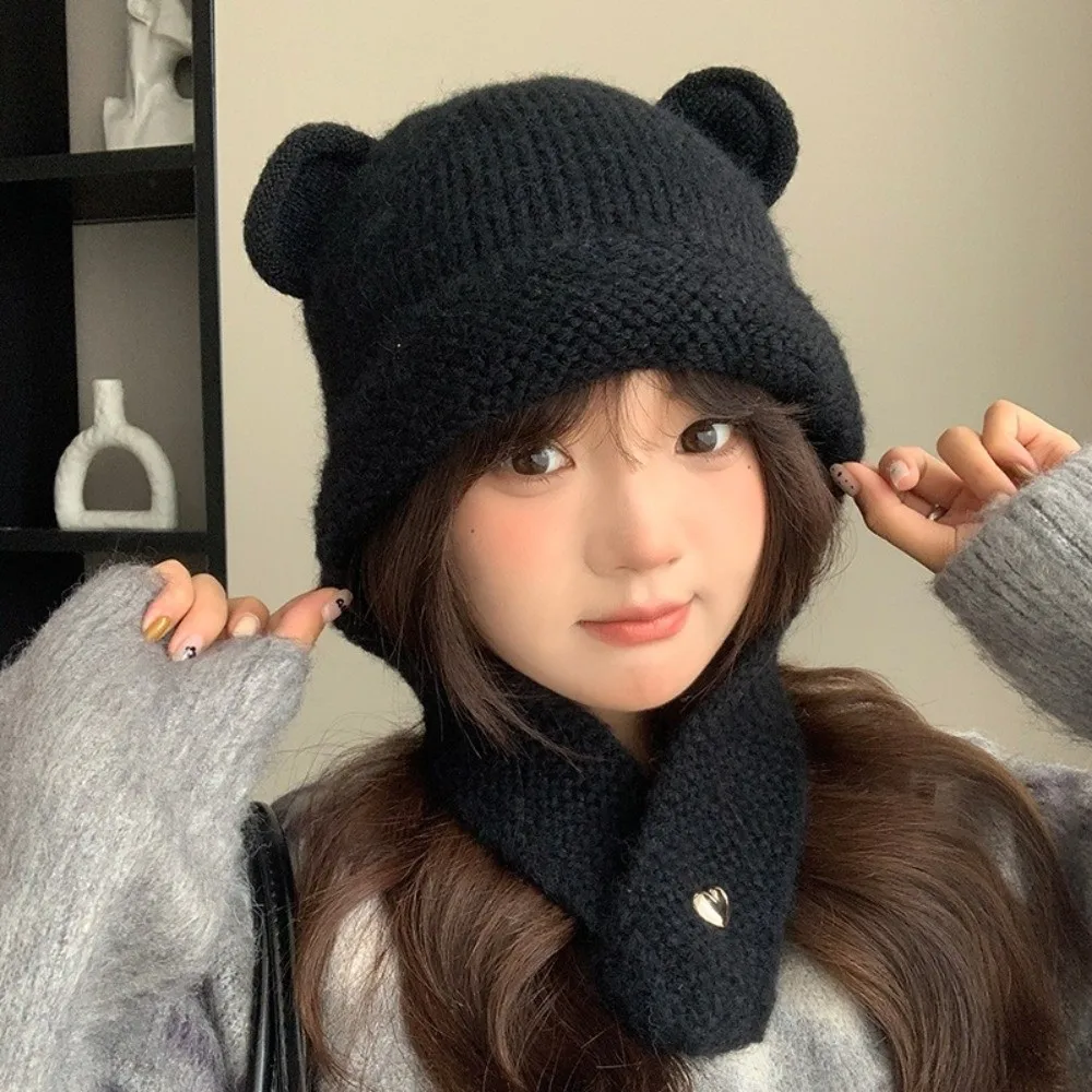 

Fashion Cute Bear Ear Knitted Cap Winter Autumn Sweet Warm Beanie Hats Soft Y2k Ear Protection Cap Girls
