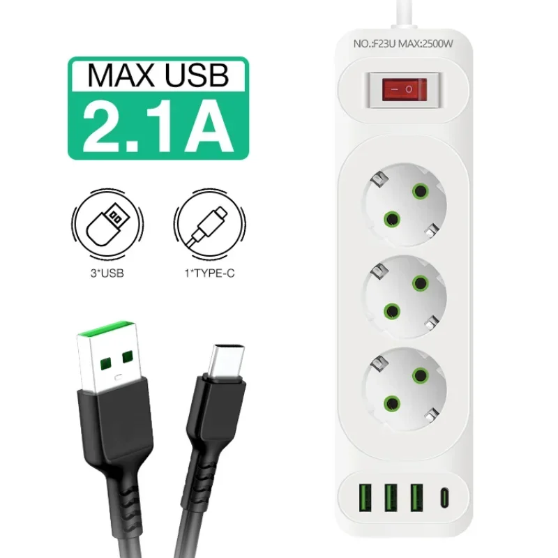 EU Plug Power Strip 3 AC Outlet Multitap Extension with 4 USB Ports 2m Cord Electrical Socket 2500W Fast Charge Surge Protector