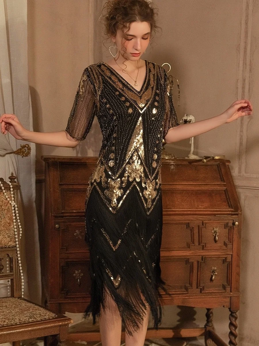 

Retro 920s V-Ne Beaded Tassel Dr Glitter Stage Performance Gown Ball Dr Polyester Fiber Mid-Length A-Line Skirt