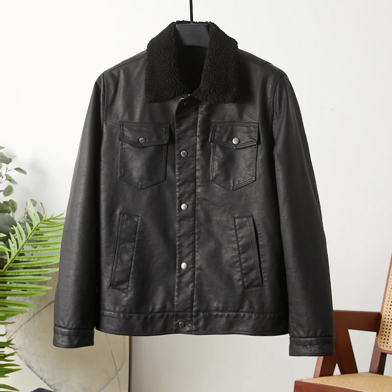 

Briti High Street Men's Leather Jaet Coat Thiened Lamb Velvet Collar Autumn Winter Windproof Warm Faion Urban Casual ...