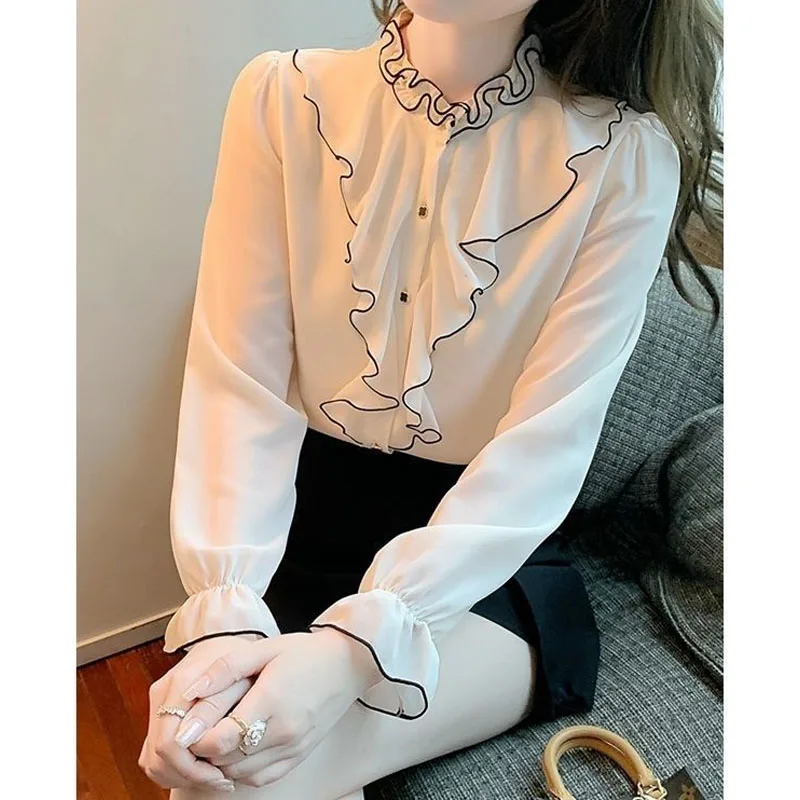 Elegant Fashion Ruffles Spliced Solid Blouse Autumn All-match Long Sleeve Casual Ruffled Neck Chiffon Shirt Women's Clothing