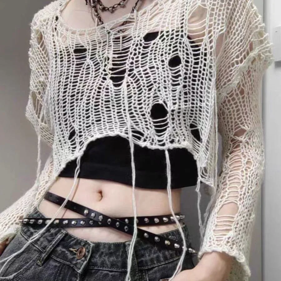 

2025 Hollow Thin Long-sleeved Shirt Women's Summer and Autumn Round Neck Short Knitted Blouse Drop Shipping Wholesale