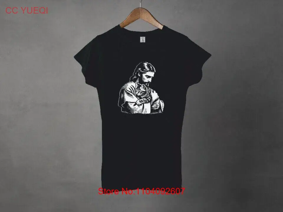 Jesús sosteniendo el gato señoras camiseta ajustada tallas pequeñas-2XL