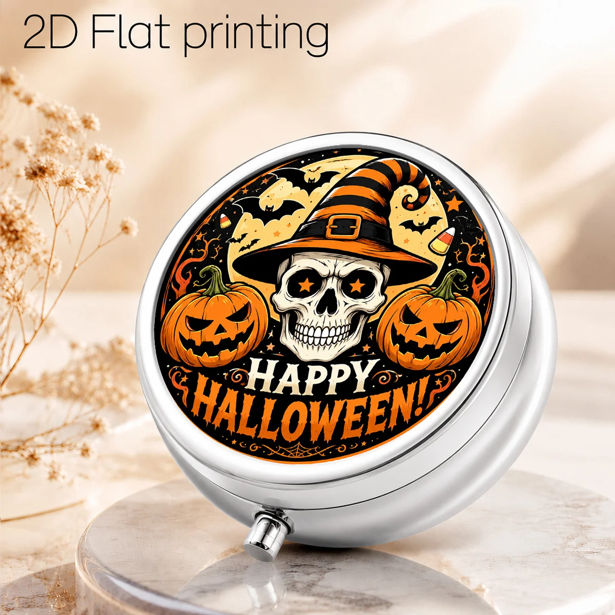 1Pc, Flat Printing Pill Box with Halloween Skull, Black Cat, Pumpkin Patterns, Holiday Illustration Design, Three-Compartment Portable Metal Material, Storage, Compact Jewelry Box, Portable Safety Box, Personal Pill Dispenser Box.