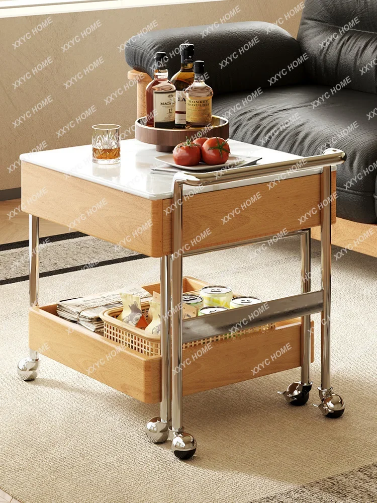 Movable solid wood coffee table retractable small apartment Japanese trolley tea table tea table