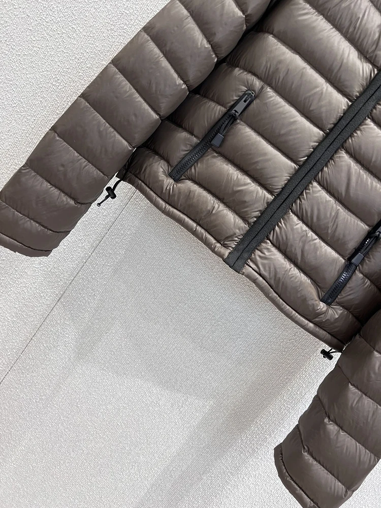 SVORYXIU Zima 2025 Nowy styl Casualowa kurtka puchowa damska z kapturem, zapinana na zamek, w paski, ciepła