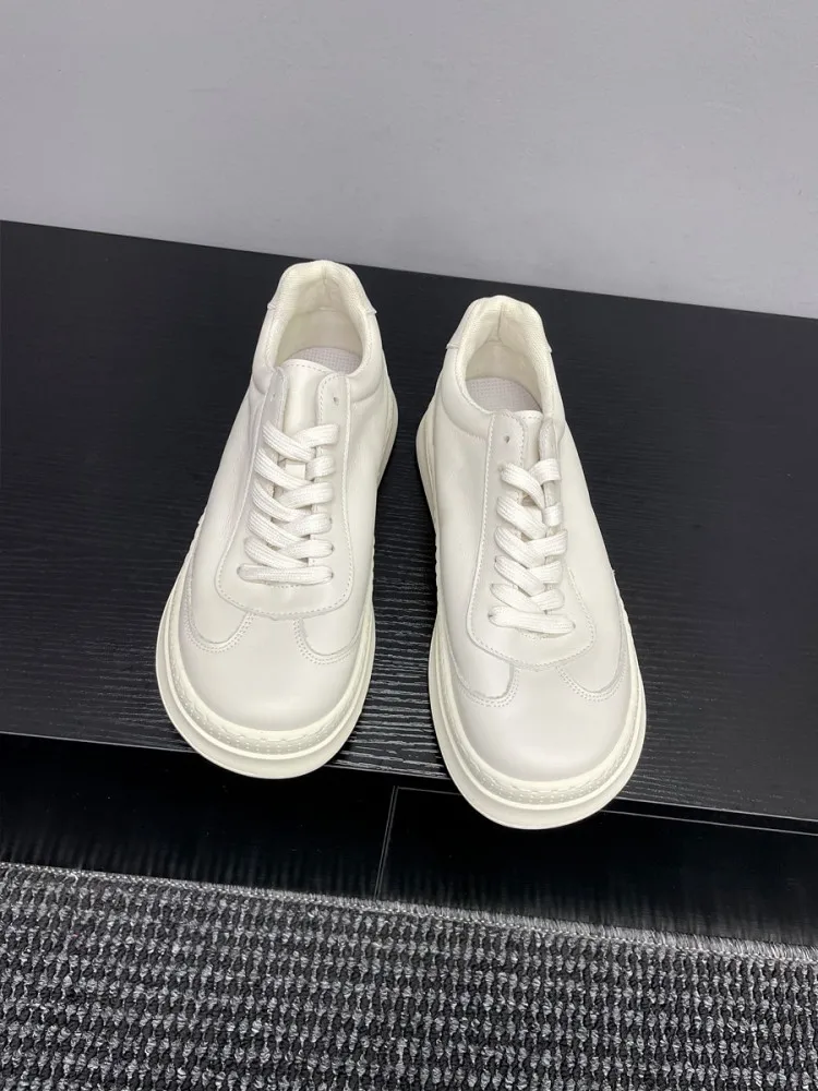 Mens Lace-Up Beige White Cowhide Casual Shoes Round Toe Genuine Leather Sneakers Height Increasing Thick Soled Footwear Hot Sale