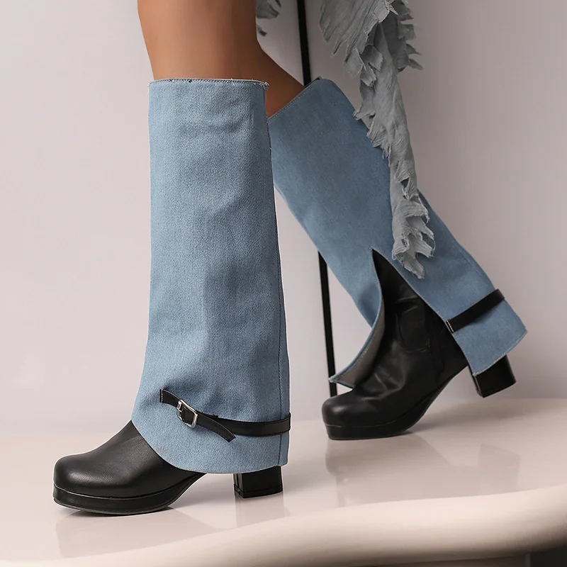 Women's Booties Denim Patchwork Calf High Boots Thick Heel Belt Buckle Design Fall Season Fashion Footwear Accessories