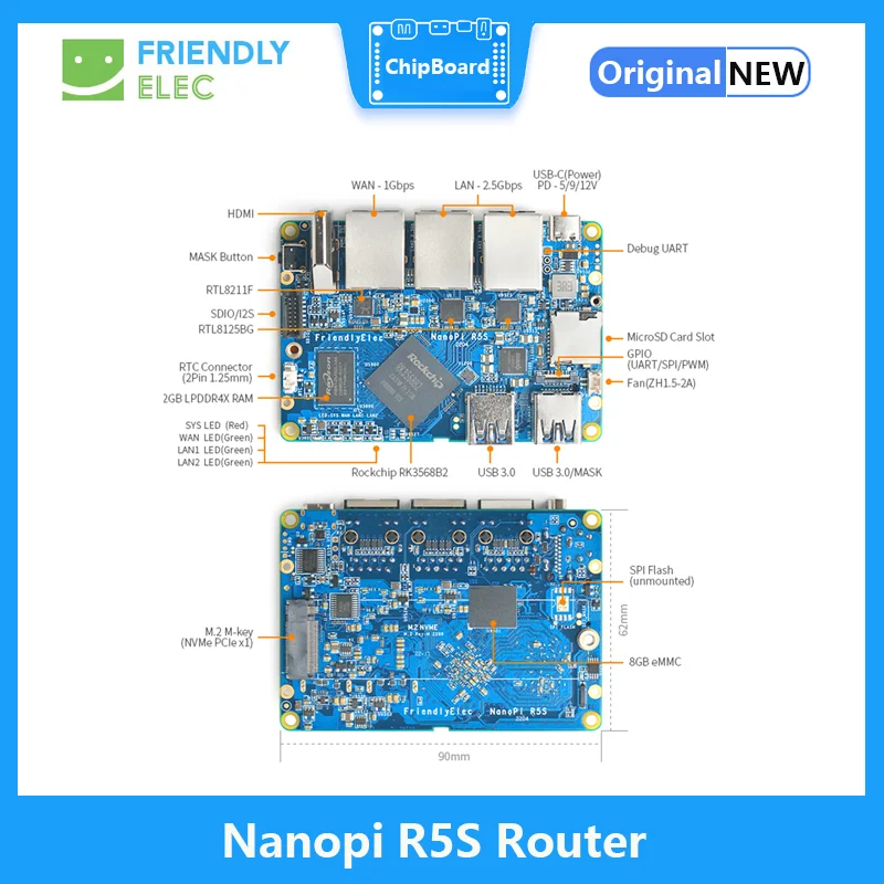 Nanopi R5S Router RK3568 Placa de desarrollo OpenWRT A55 HDMI2.0 2,5G puerto de red Gigabit