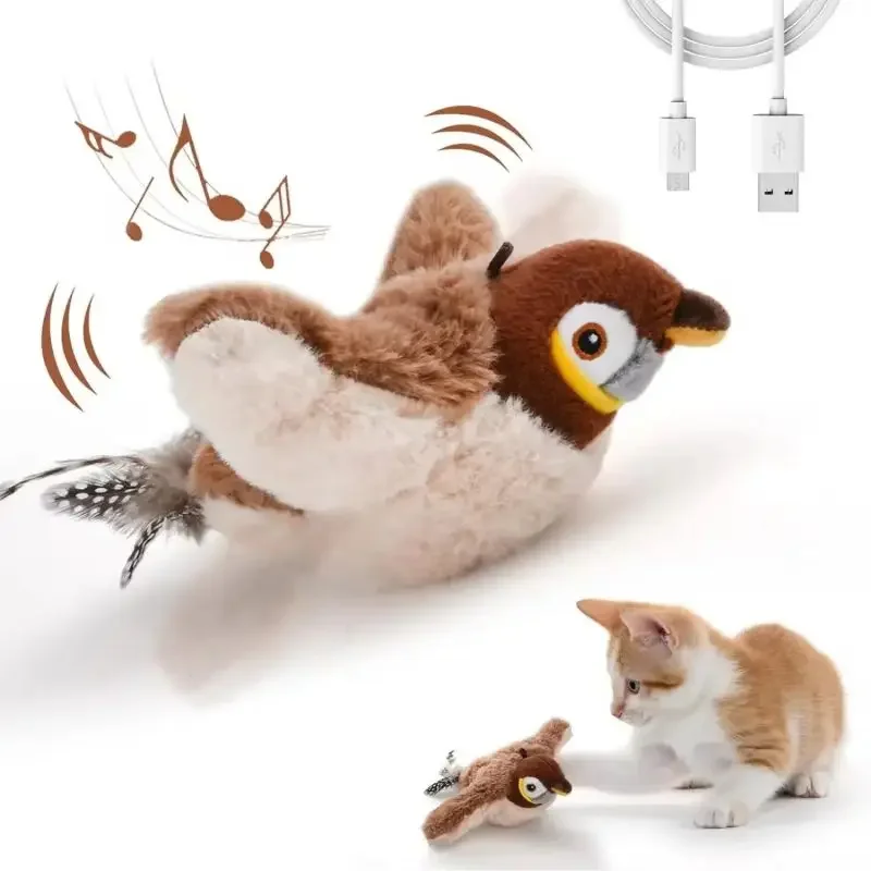 インタラクティブな鳥の轟音の猫のおもちゃ,充電式,羽ばたき,タッチコントロール,ぬいぐるみ,飛行なし