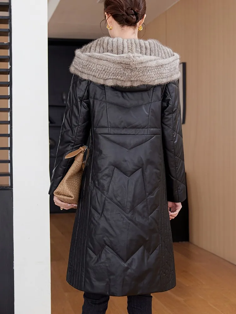 مصمم سيدة جلد الغنم الحقيقي سليم صالح فرو المنك طوق مقنعين منتصف طويل أسفل سترة دافئة أبلى خندق معطف سترة واقية #5