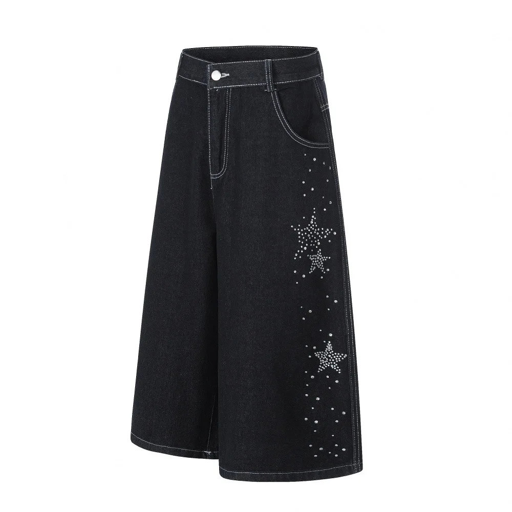 MWJLPWQ Rhinestone Design Straight-Leg Denim Pants For Men American Trendy Streetwear Niche Loose Fit Summer Casual Shorts 17222