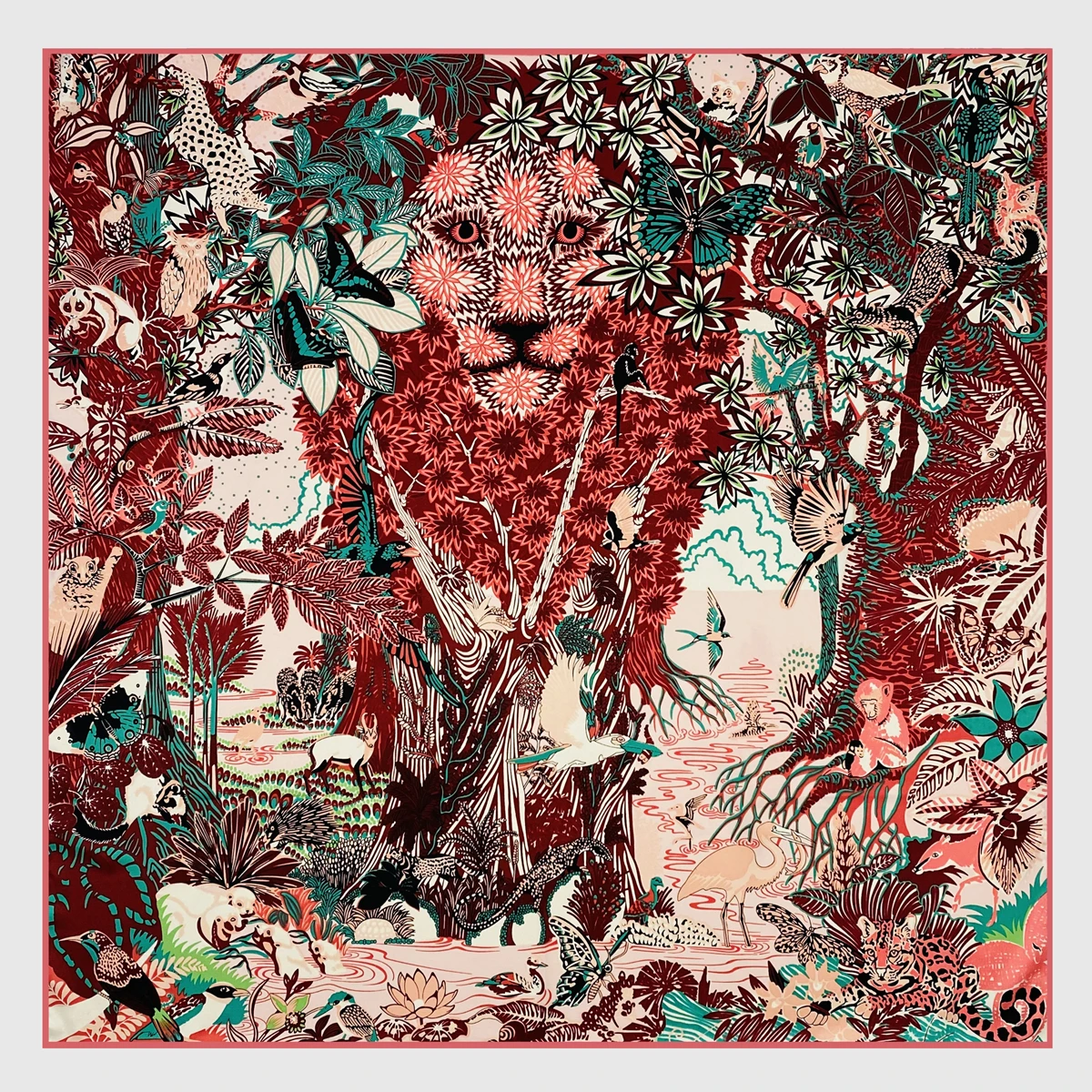 90cm Jungle Lion 100% Twill Silk Square Scarf Women Shawl Brand Hijab Scarf Design Bandana Hand Rolled Hem Foulard Head Scarves