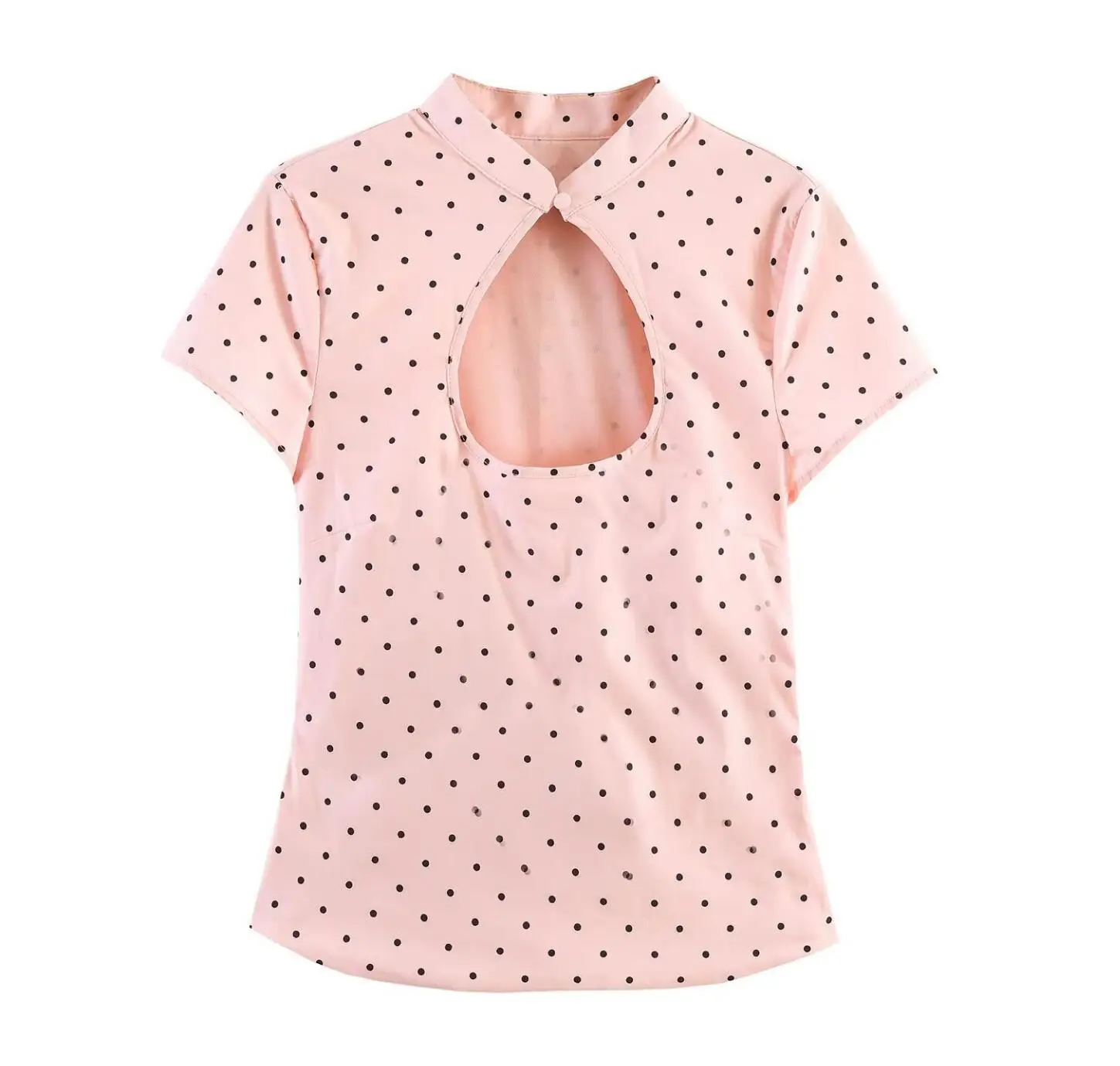 Chinese Style Women Stand Collar Button Hollow Out Front Short Sleeve Shirt Slim Fit Cut Out Cropped Blouse Tops Ivory Pink Dot