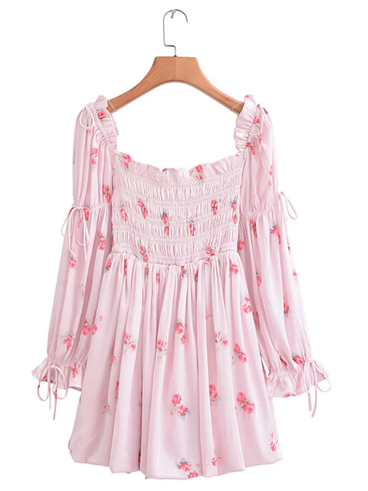 Women's Long Sleeve Dress Chest Elastic Corset Sleeves With Bow Ties Sweet Ladies Dresses Pink Printed Miniskirt