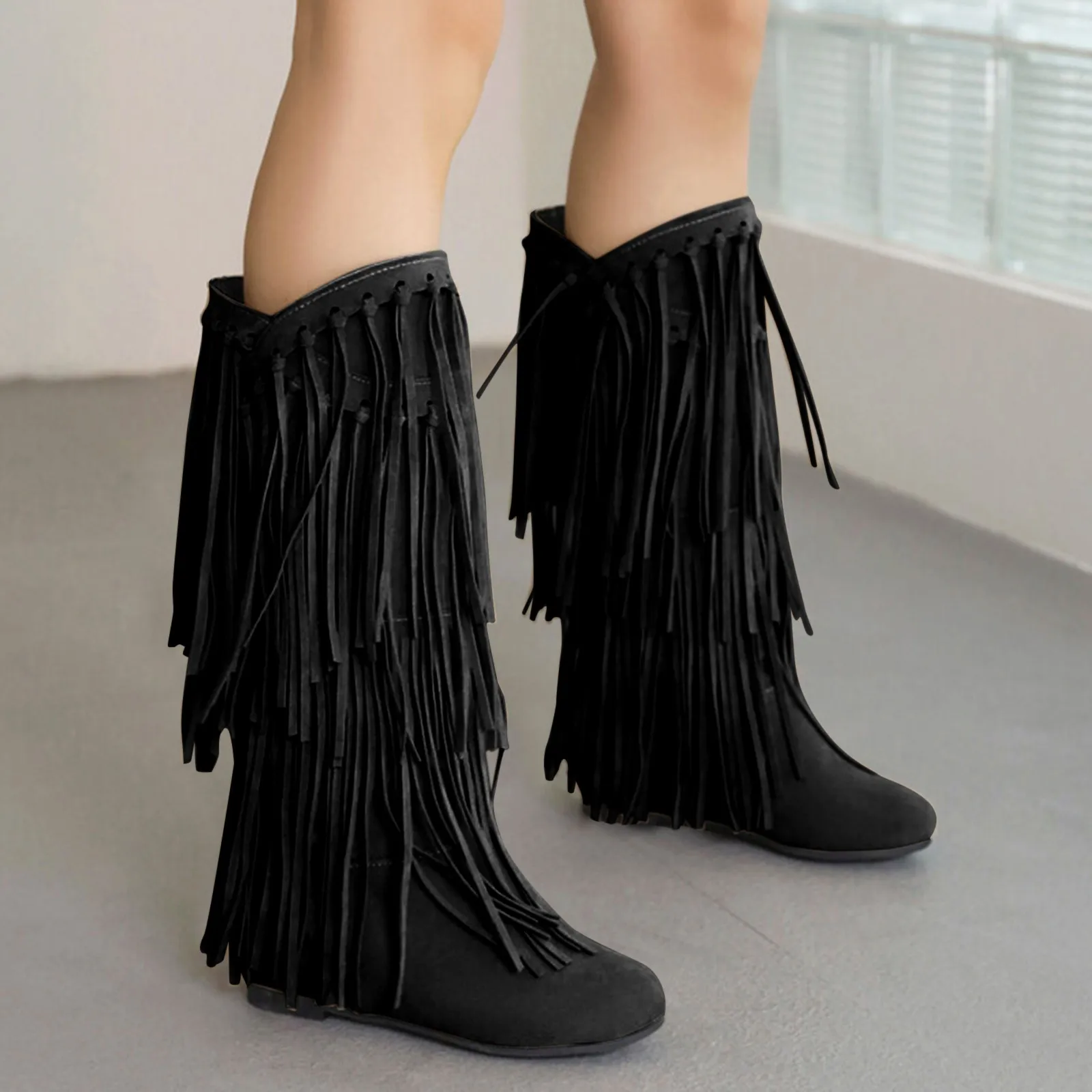 Women\'s Fringe Boots 2023 Winter New Western Boots Round Toe Flats Suede Solid Cool Internal Elevation Boots Dressy Daily Shoes