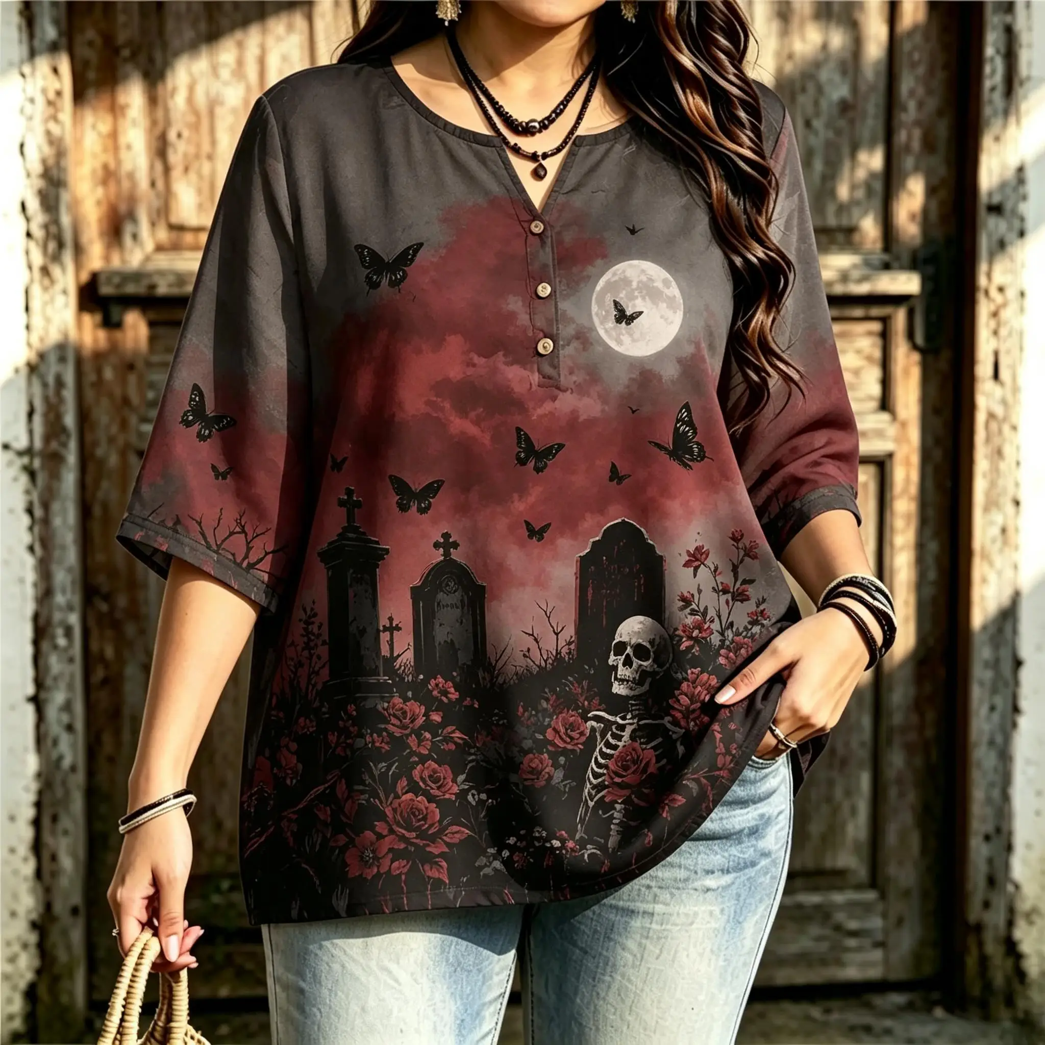 Women Notched Henley Neck 3/4 Sleeve Blouse Halloween Graveyard Skeleton Butterfly Crow Blood‑Red Moon Spooky Scene Tops